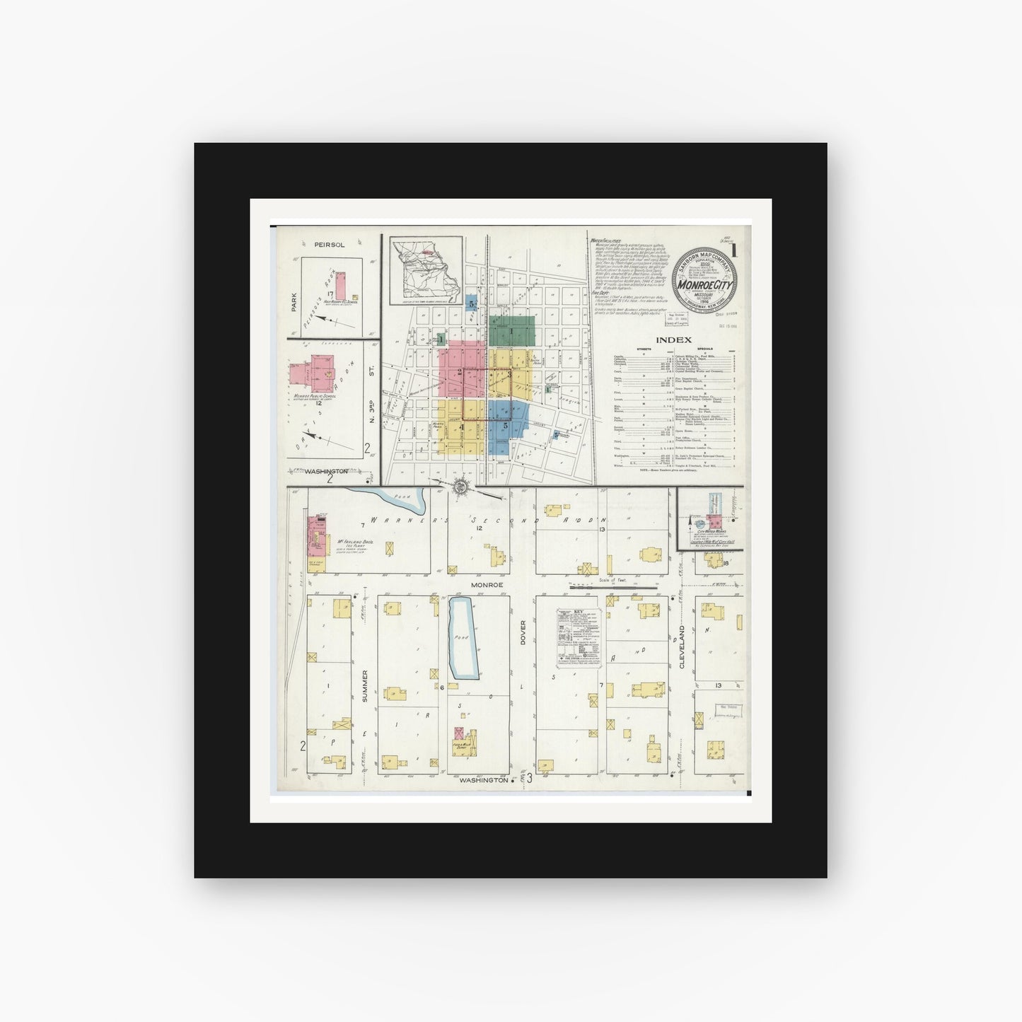 Old map wall art mockup — black gallery frame with white mat — Sanborn Fire Insurance Map from Monroe City, Monroe County, Missouri (1916) - Complete Map Set