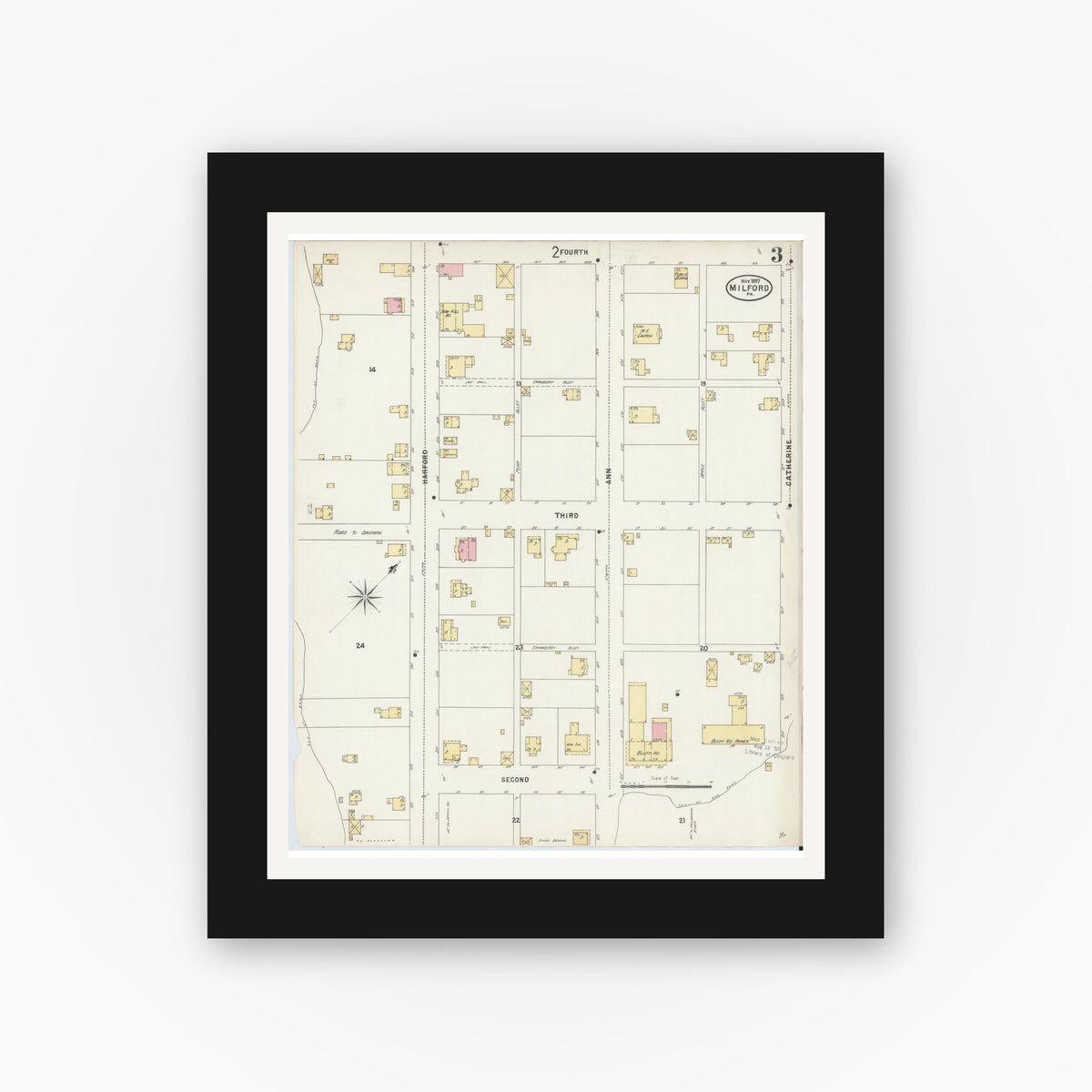 Old map wall art mockup — black gallery frame with white mat — Sanborn Fire Insurance Map from Milford, Pike County, Pennsylvania (1897), Sheet #0003
