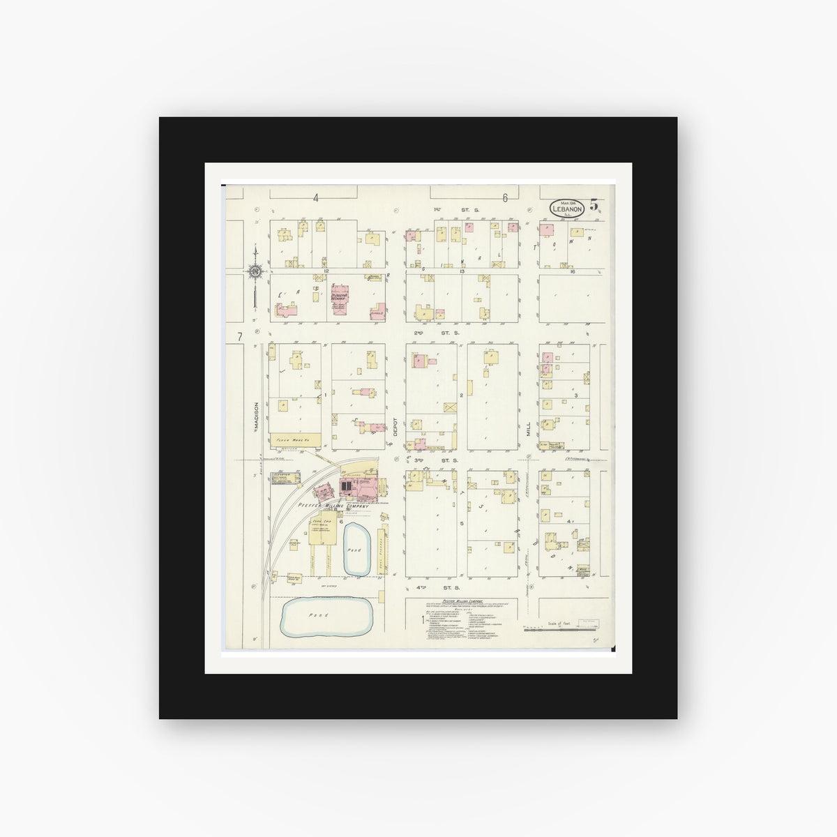 Old map wall art mockup — black gallery frame with white mat — Sanborn Fire Insurance Map from Lebanon, Saint Clair County, Illinois (1914), Sheet #0005