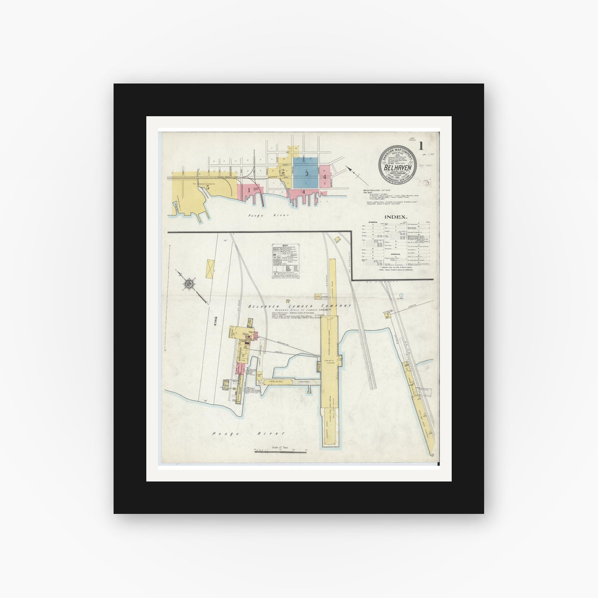 Old map wall art mockup — black gallery frame with white mat — Sanborn Fire Insurance Map from Belhaven, Beaufort County, North Carolina (1911) - Complete Map Set