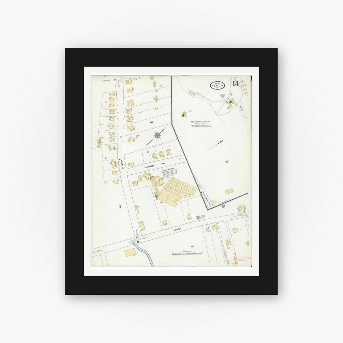 Old map wall art mockup — black gallery frame with white mat — Sanborn Fire Insurance Map from Newton, Sussex County, New Jersey (1911), Sheet #0014
