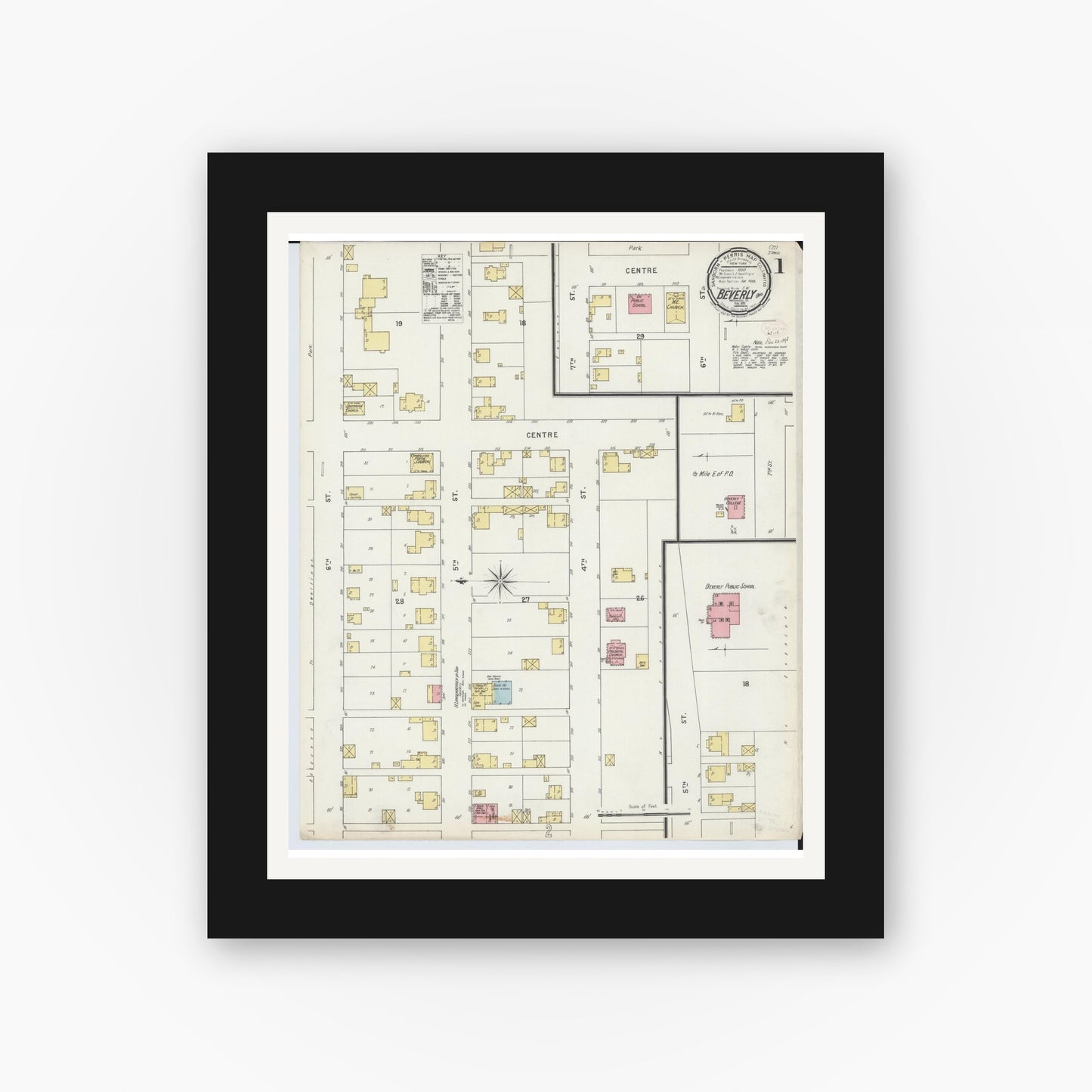 Old map wall art mockup — black gallery frame with white mat — Sanborn Fire Insurance Map from Beverly, Washington County, Ohio (1895) - Complete Map Set