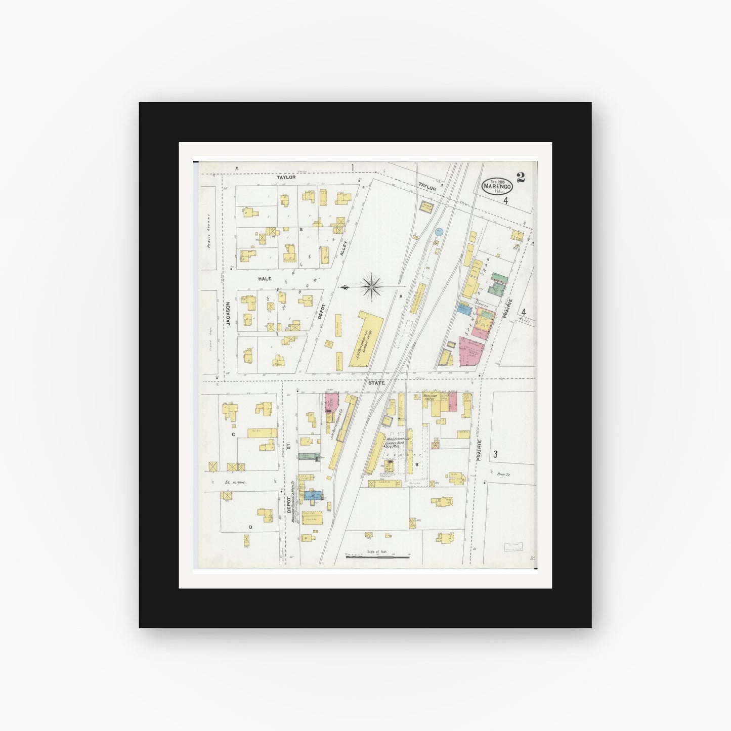 Old map wall art mockup — black gallery frame with white mat — Sanborn Fire Insurance Map from Marengo, McHenry County, Illinois (1905), Sheet #0002