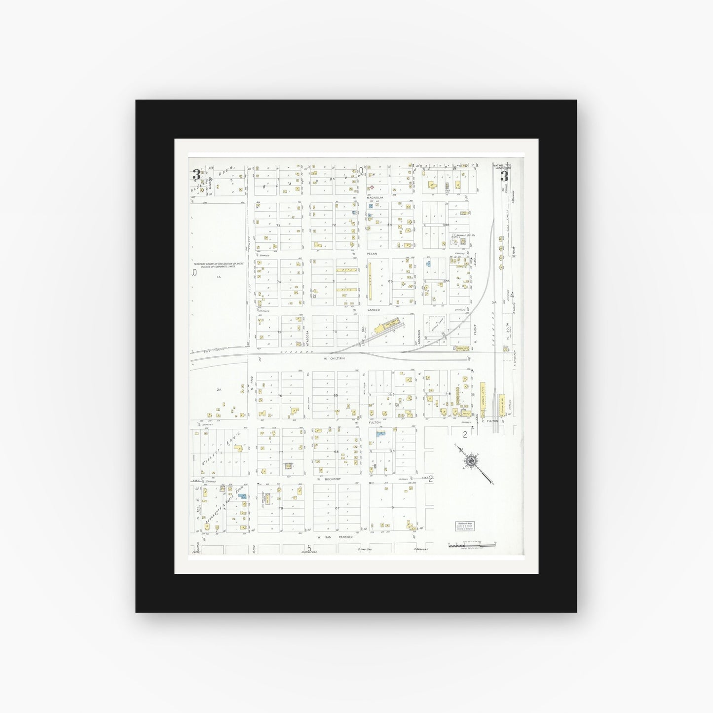 Old map wall art mockup — black gallery frame with white mat — Sanborn Fire Insurance Map from Mathis, San Patricio County, Texas (1950), Sheet #0003