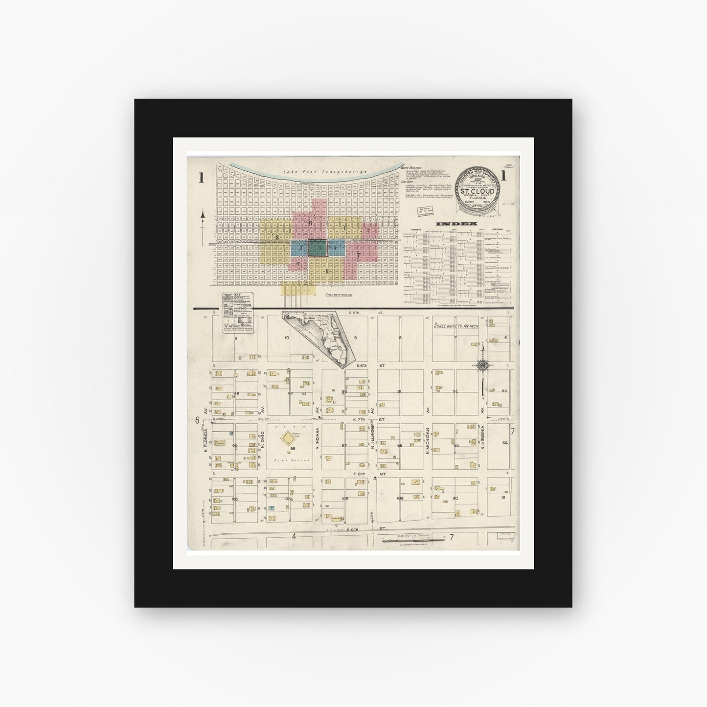 Old map wall art mockup — black gallery frame with white mat — Sanborn Fire Insurance Map from Saint Cloud, Osceola County, Florida (1924), Sheet #0001