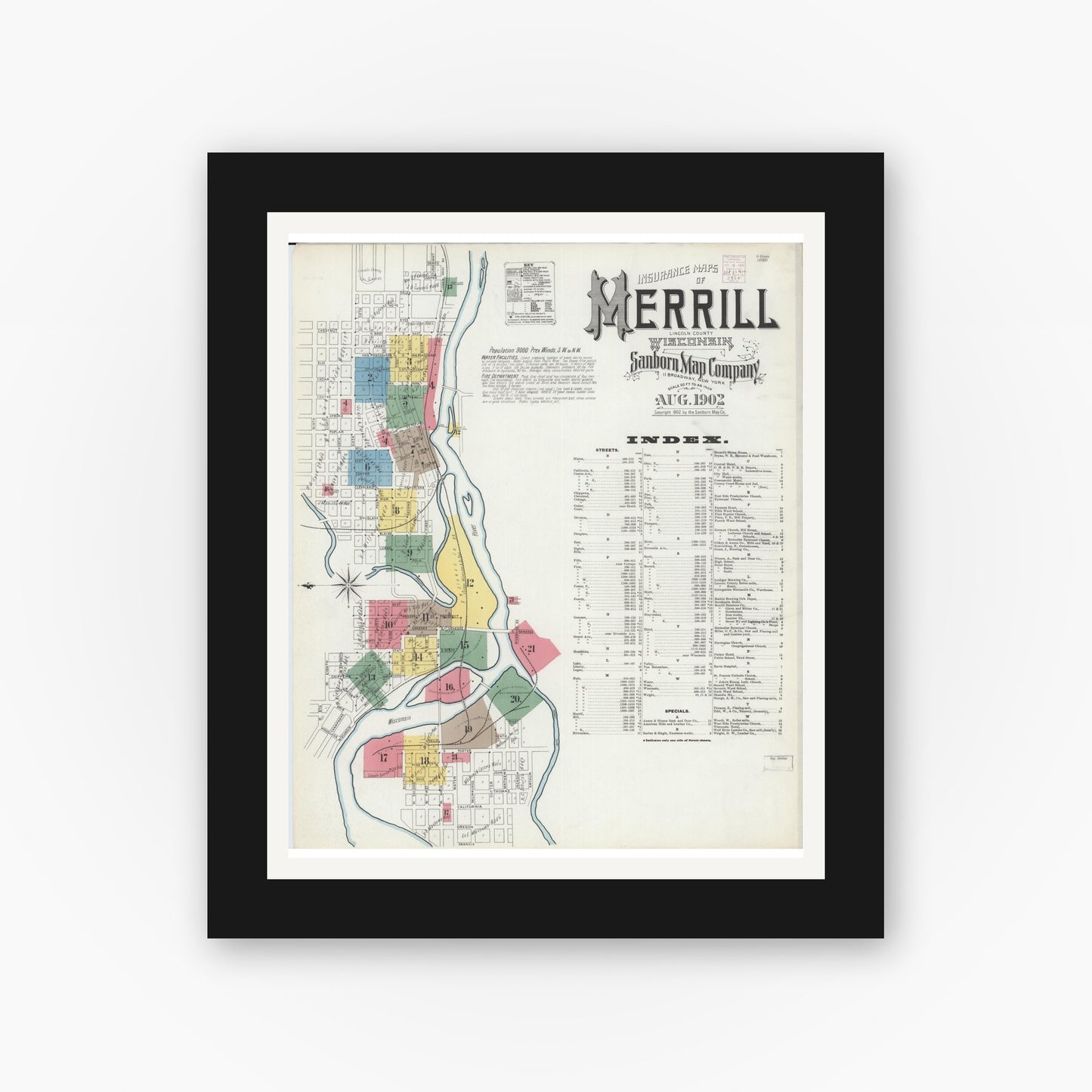 Old map wall art mockup — black gallery frame with white mat — Sanborn Fire Insurance Map from Merrill, Lincoln County, Wisconsin (1902), Sheet #0001
