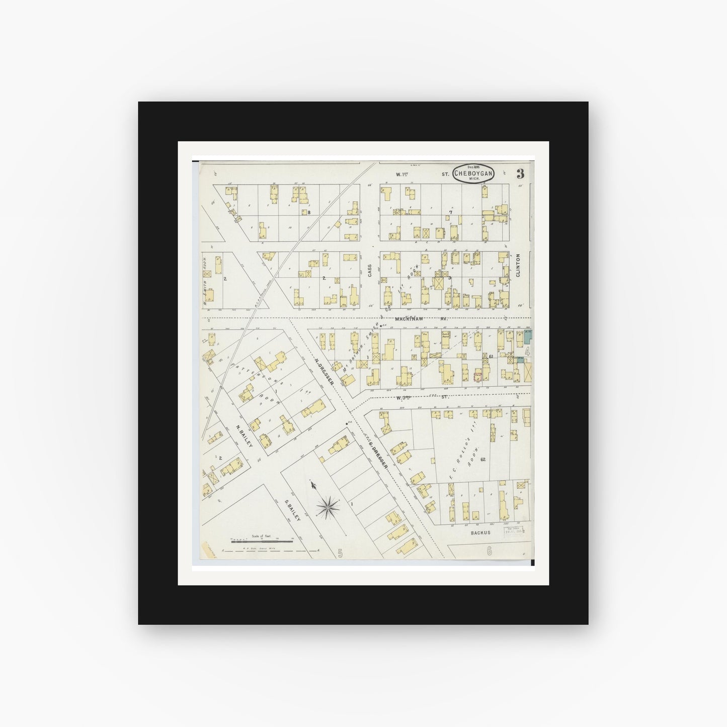 Old map wall art mockup — black gallery frame with white mat — Sanborn Fire Insurance Map from Cheboygan, Cheboygan County, Michigan (1895), Sheet #0003