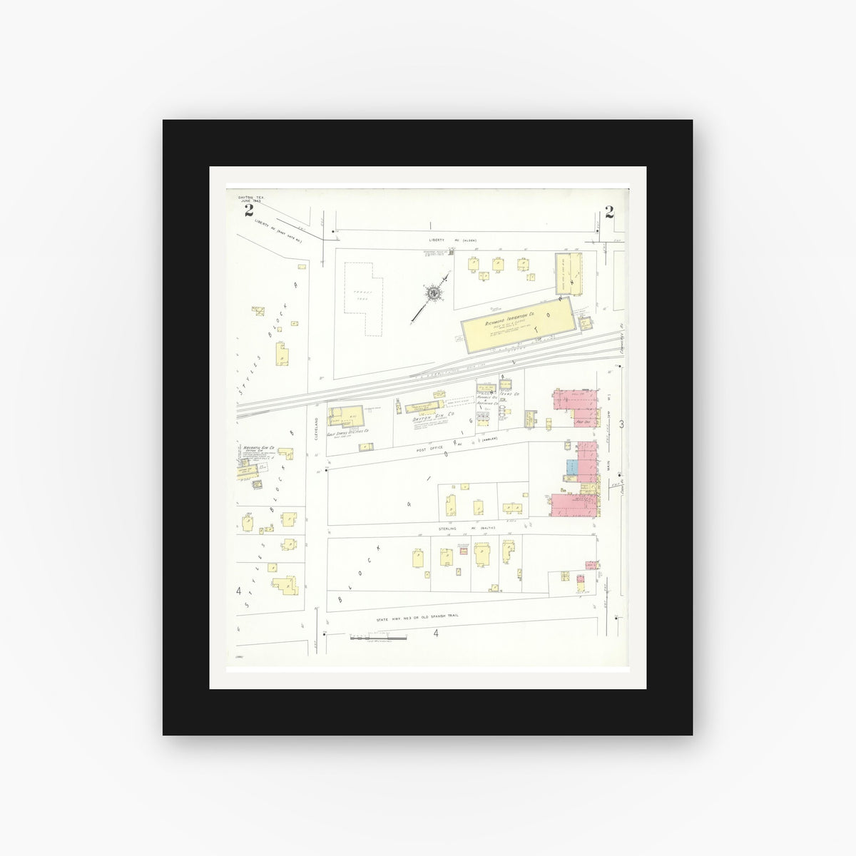 Old map wall art mockup — black gallery frame with white mat — Sanborn Fire Insurance Map from Dayton, Liberty County, Texas (1943), Sheet #0002