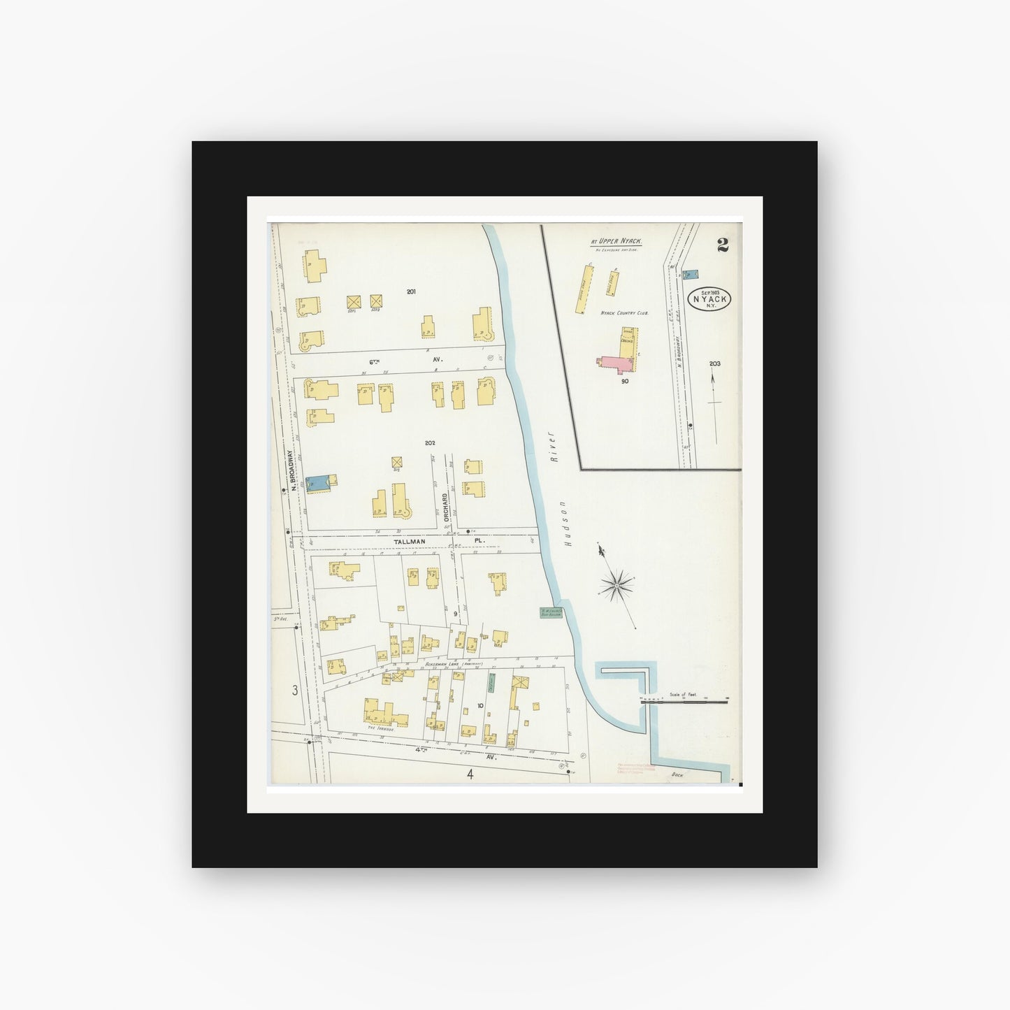 Old map wall art mockup — black gallery frame with white mat — Sanborn Fire Insurance Map from Nyack, Rockland County, New York. (1903), Sheet #0002