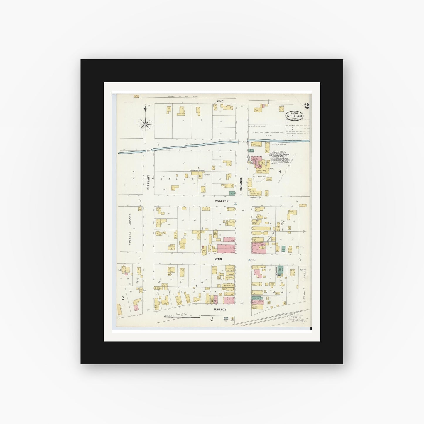 Old map wall art mockup — black gallery frame with white mat — Sanborn Fire Insurance Map from Stryker, Williams County, Ohio (1899), Sheet #0002