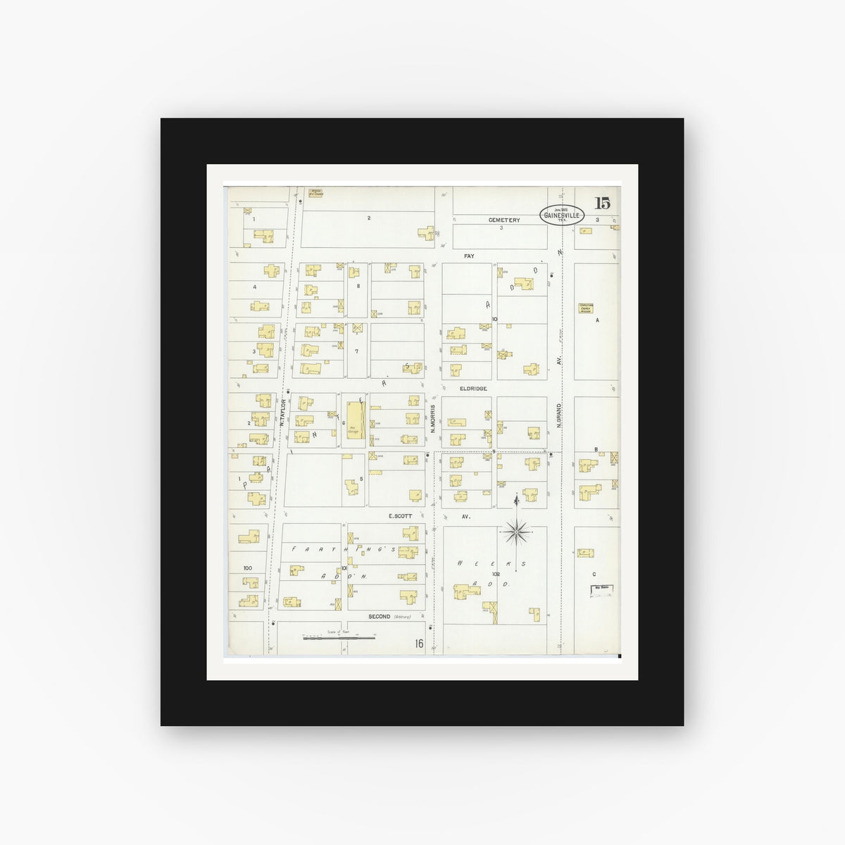 Old map wall art mockup — black gallery frame with white mat — Sanborn Fire Insurance Map from Gainesville, Cooke County, Texas (1902), Sheet #0015
