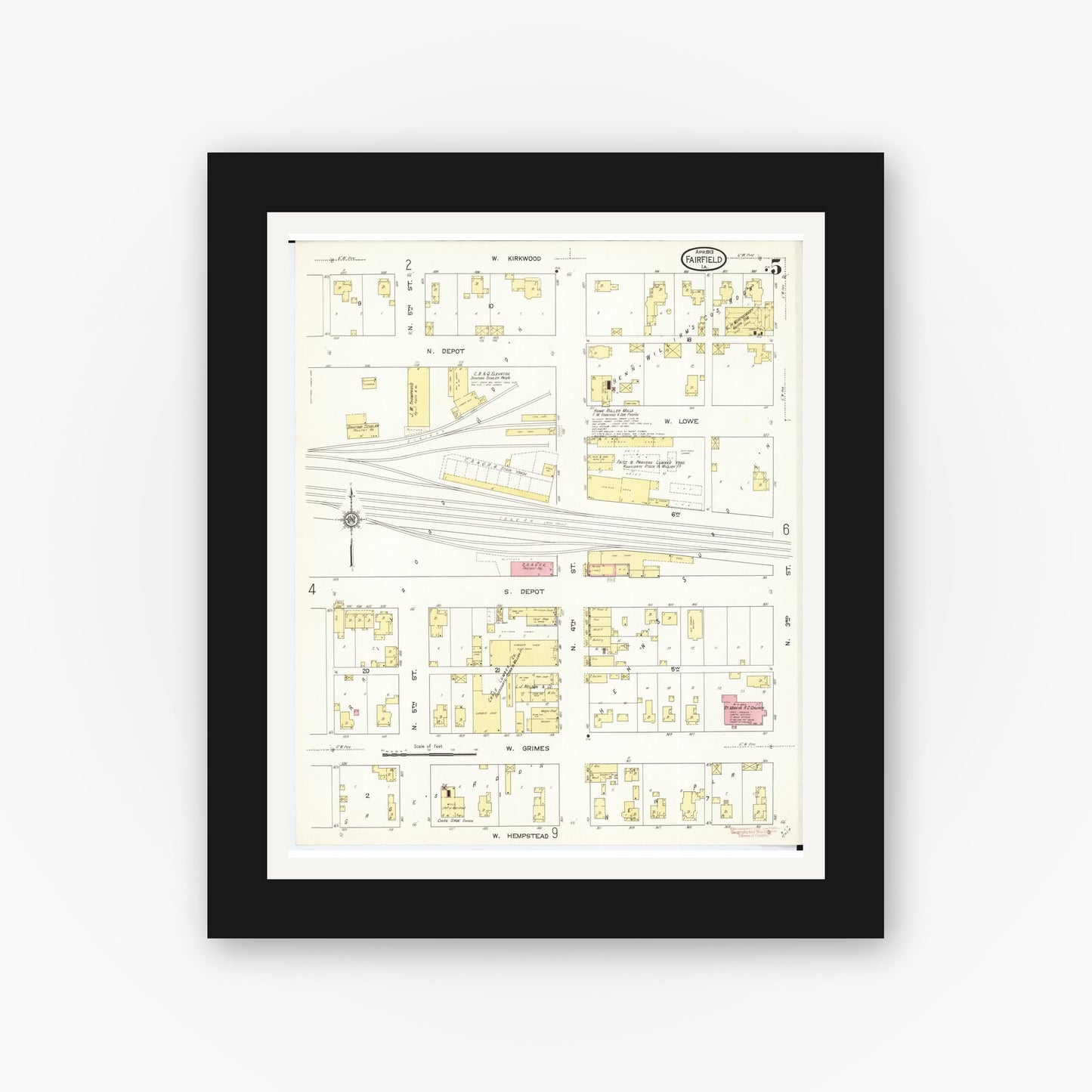 Old map wall art mockup — black gallery frame with white mat — Sanborn Fire Insurance Map from Fairfield, Jefferson County, Iowa (1913), Sheet #0005