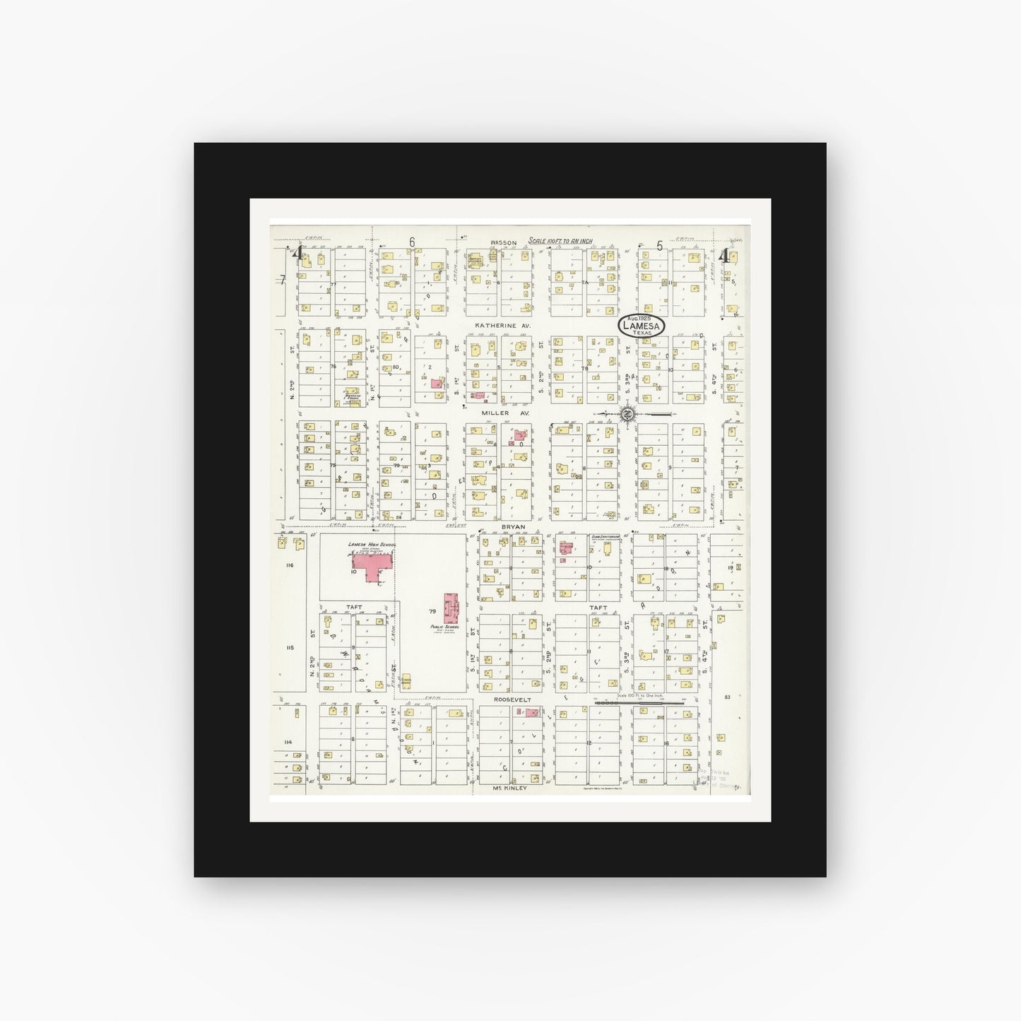 Old map wall art mockup — black gallery frame with white mat — Sanborn Fire Insurance Map from Lamesa, Dawson County, Texas (1925), Sheet #0004