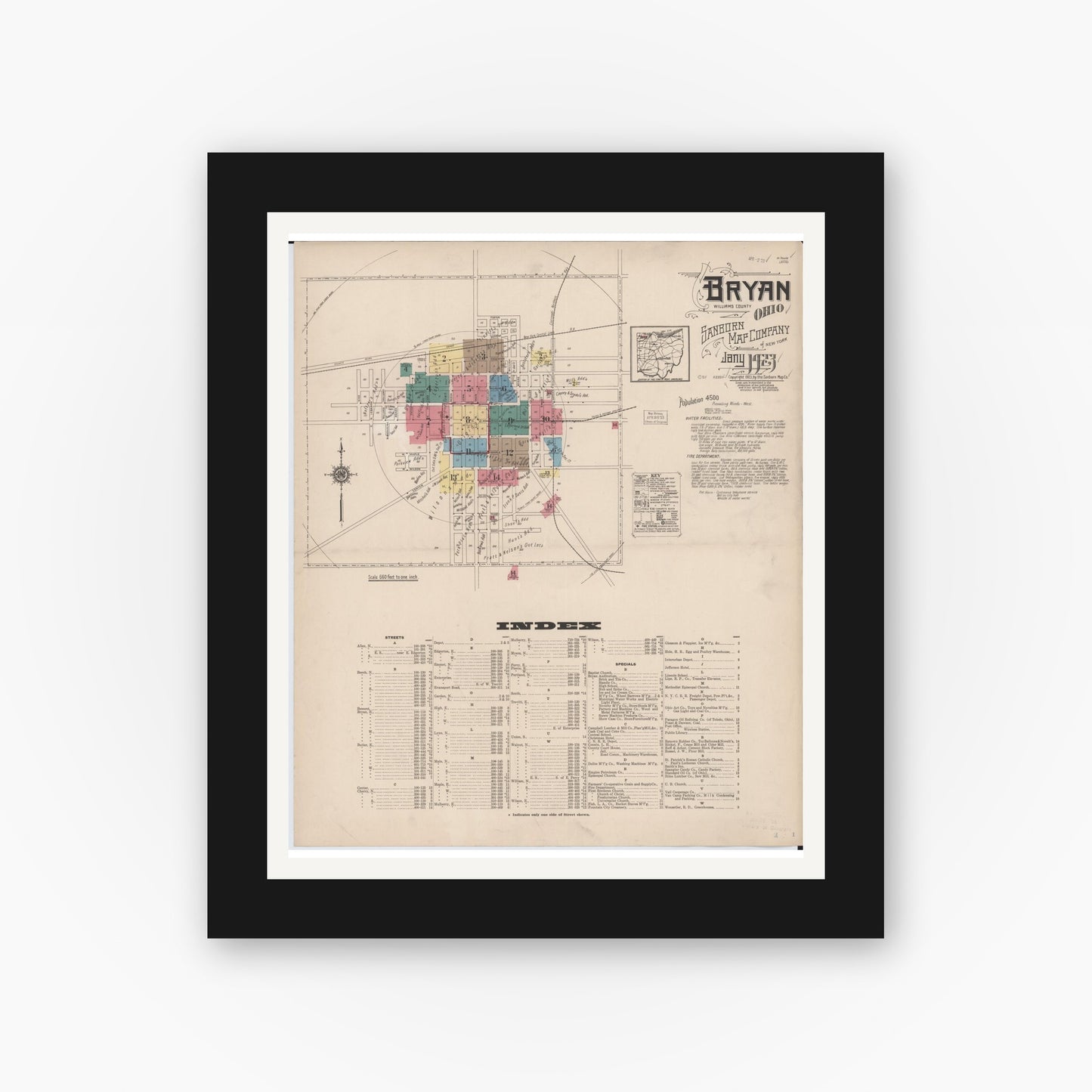 Old map wall art mockup — black gallery frame with white mat — Sanborn Fire Insurance Map from Bryan, Williams County, Ohio (1923), Sheet #0001