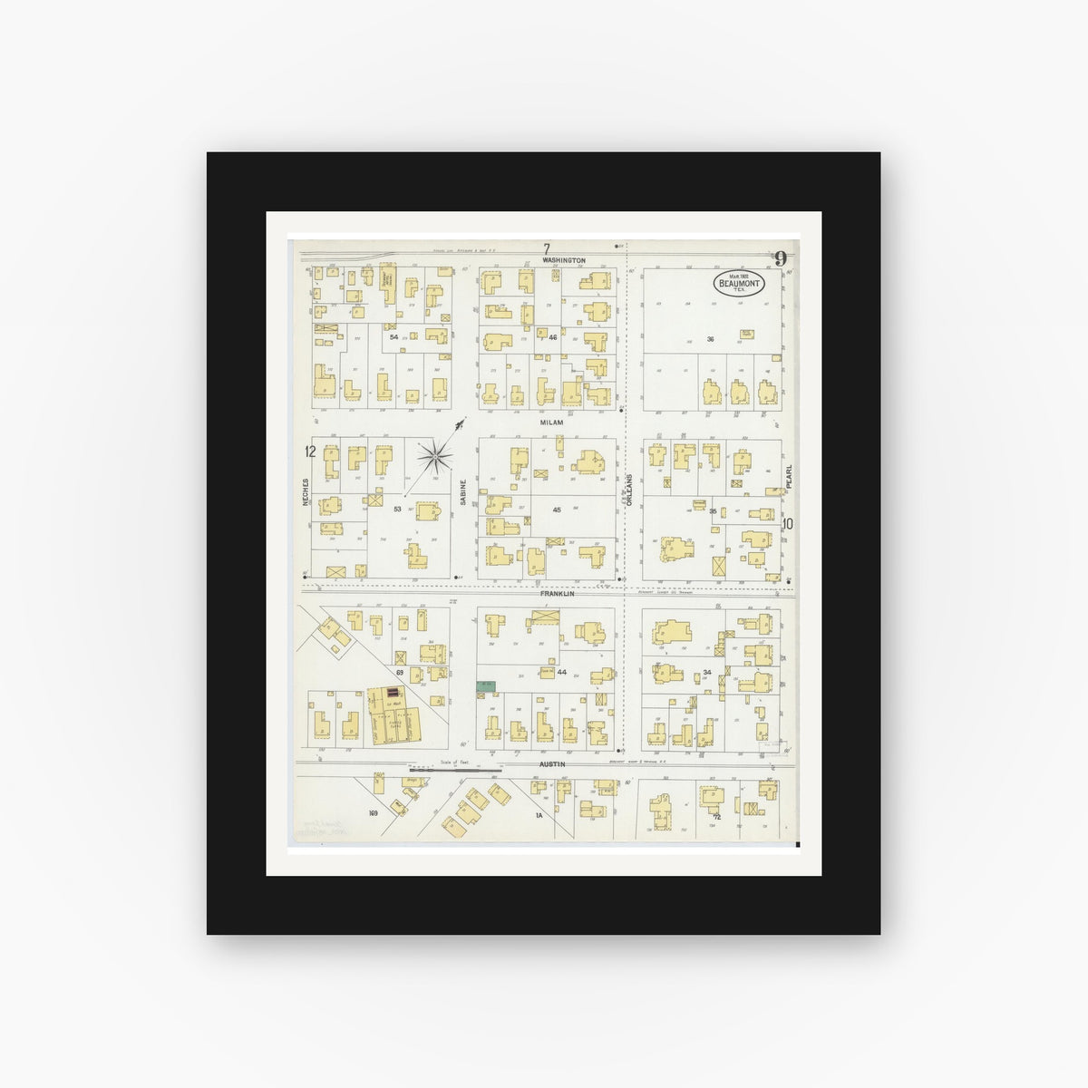 Old map wall art mockup — black gallery frame with white mat — Sanborn Fire Insurance Map from Beaumont, Jefferson County, Texas (1902), Sheet #0009