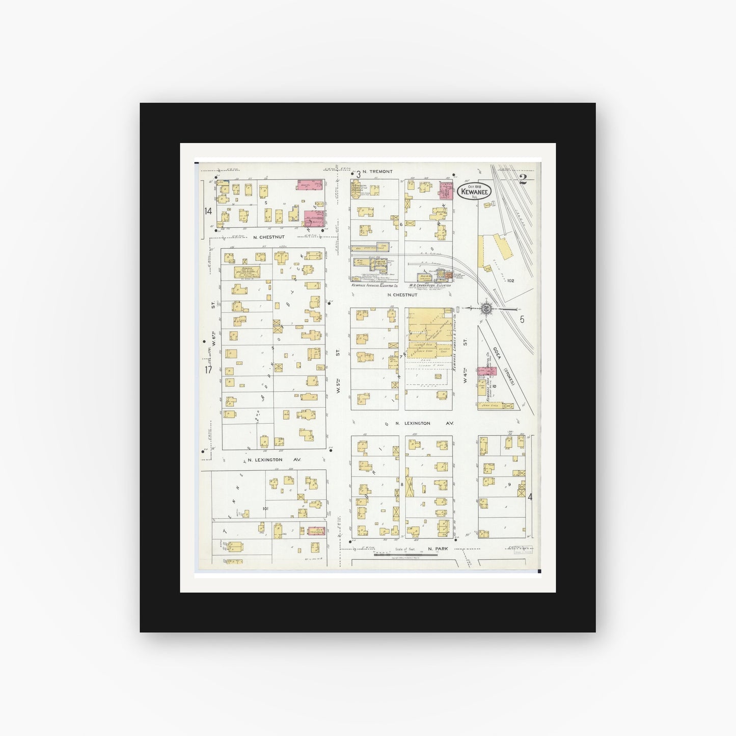 Old map wall art mockup — black gallery frame with white mat — Sanborn Fire Insurance Map from Kewanee, Henry County, Illinois (1918), Sheet #0002