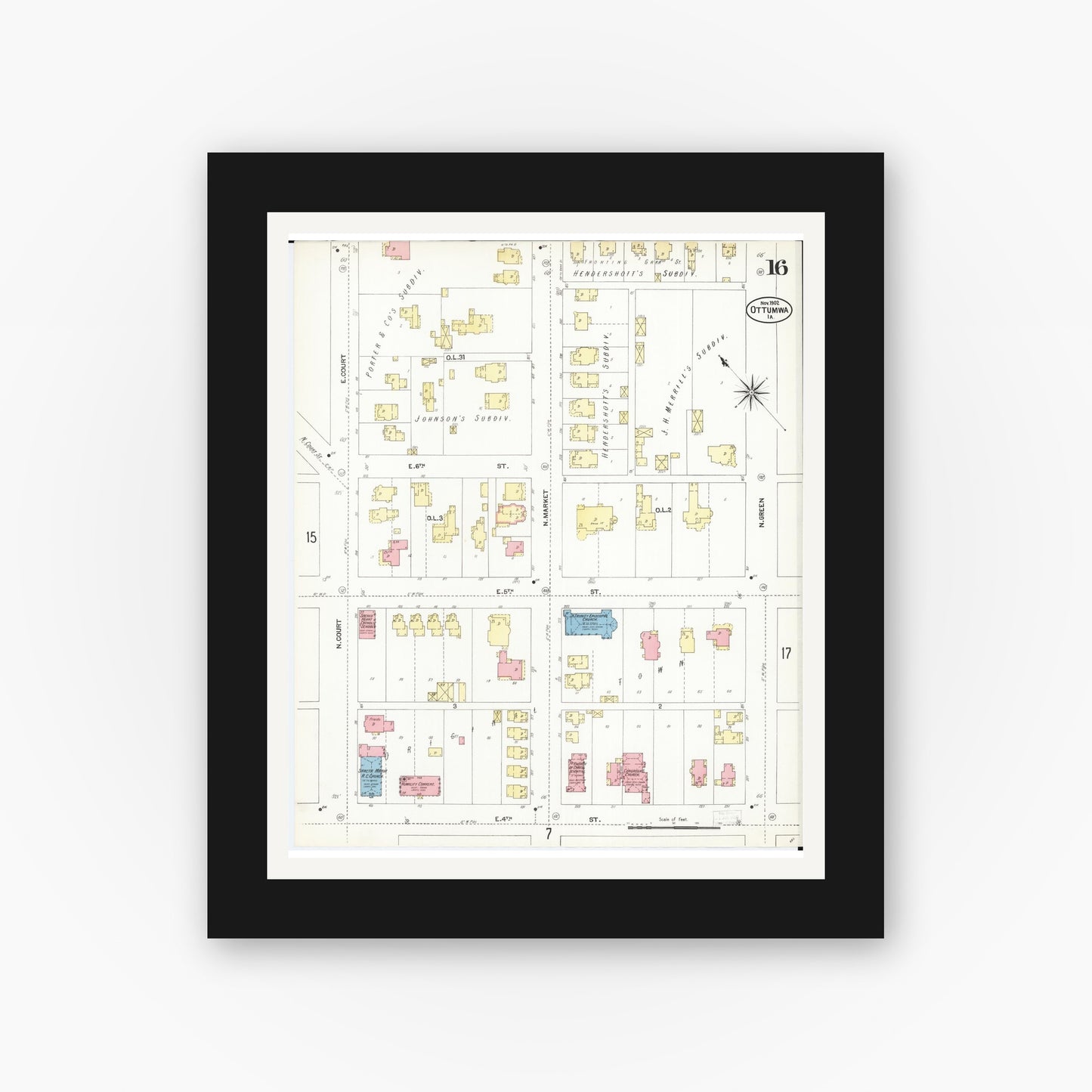 Old map wall art mockup — black gallery frame with white mat — Sanborn Fire Insurance Map from Ottumwa, Wapello County, Iowa (1902), Sheet #0016