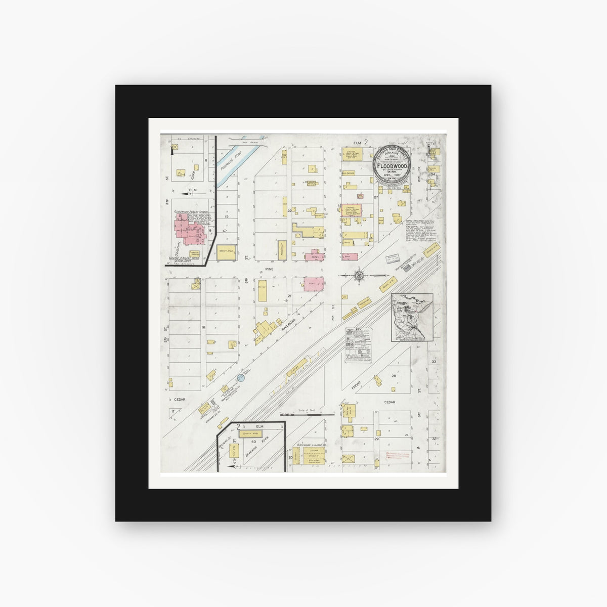 Old map wall art mockup — black gallery frame with white mat — Sanborn Fire Insurance Map from Floodwood, Saint Louis County, Minnesota (1928) - Complete Map Set