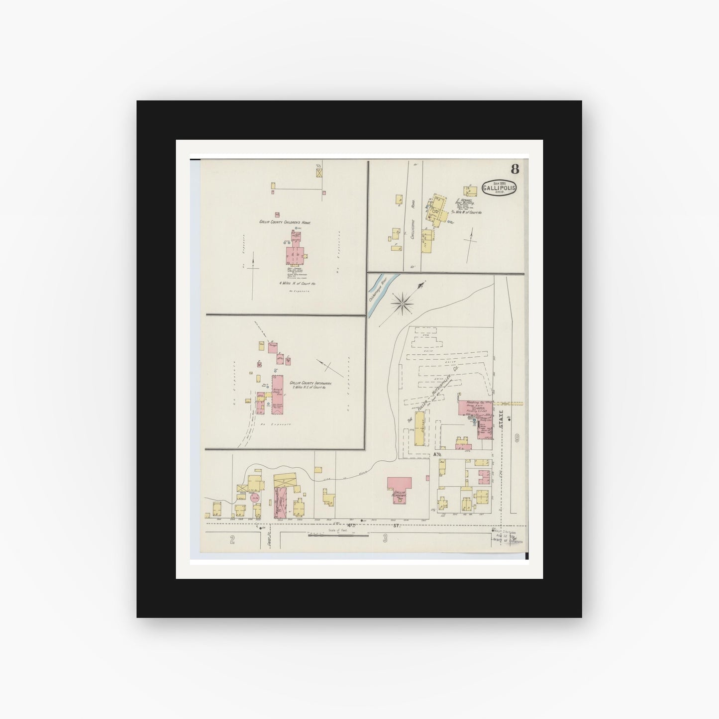 Old map wall art mockup — black gallery frame with white mat — Sanborn Fire Insurance Map from Gallipolis, Gallia County, Ohio (1895), Sheet #0008