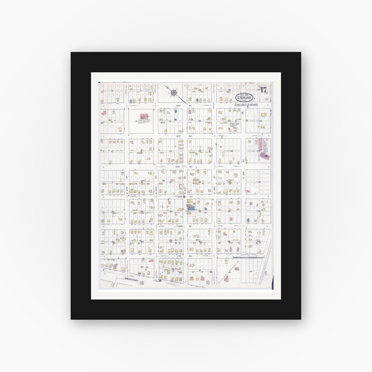 Old map wall art mockup — black gallery frame with white mat — Sanborn Fire Insurance Map from Sterling, Whiteside County, Illinois (1916), Sheet #0017