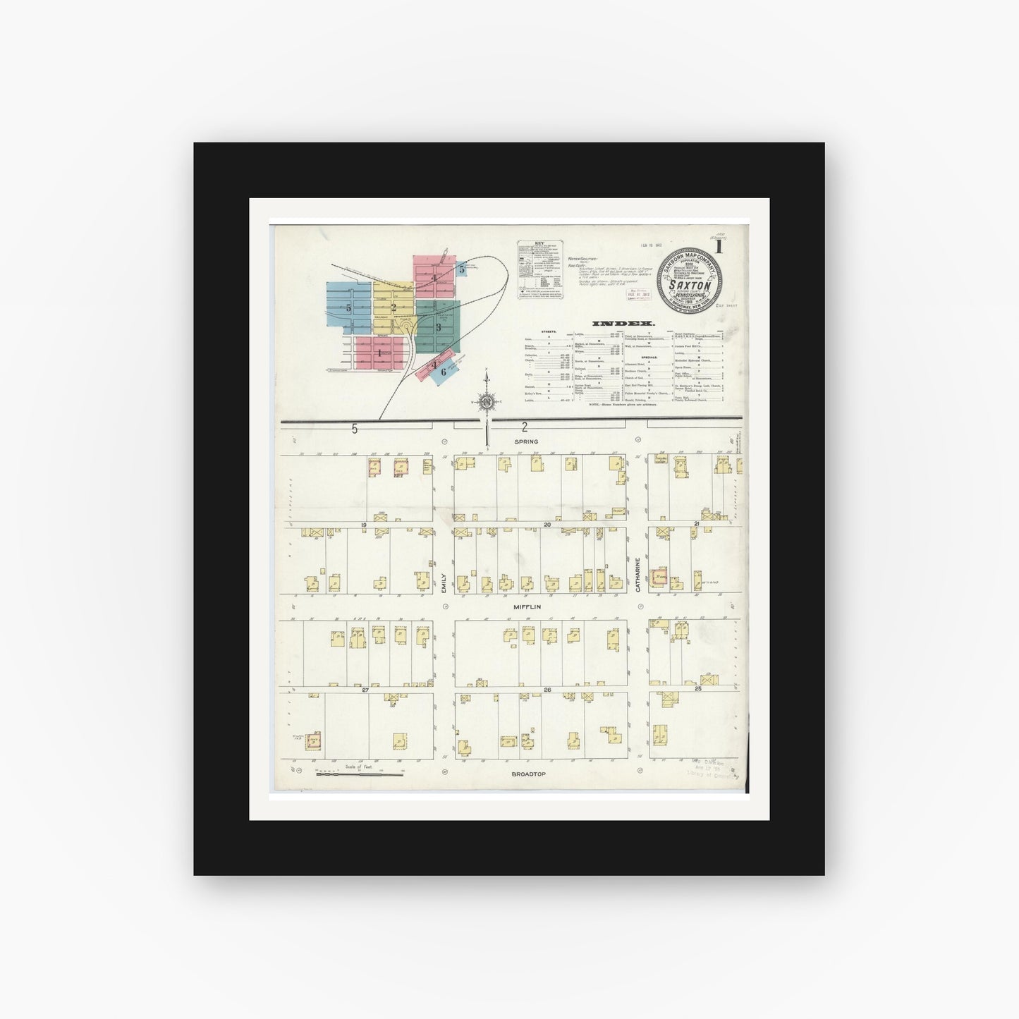 Old map wall art mockup — black gallery frame with white mat — Sanborn Fire Insurance Map from Saxton, Bedford County, Pennsylvania (1911) - Complete Map Set
