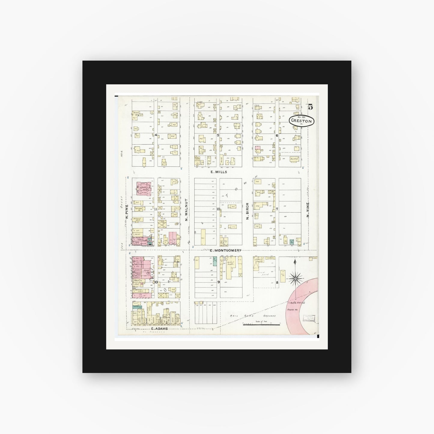 Old map wall art mockup — black gallery frame with white mat — Sanborn Fire Insurance Map from Creston, Union County, Iowa (1891), Sheet #0005