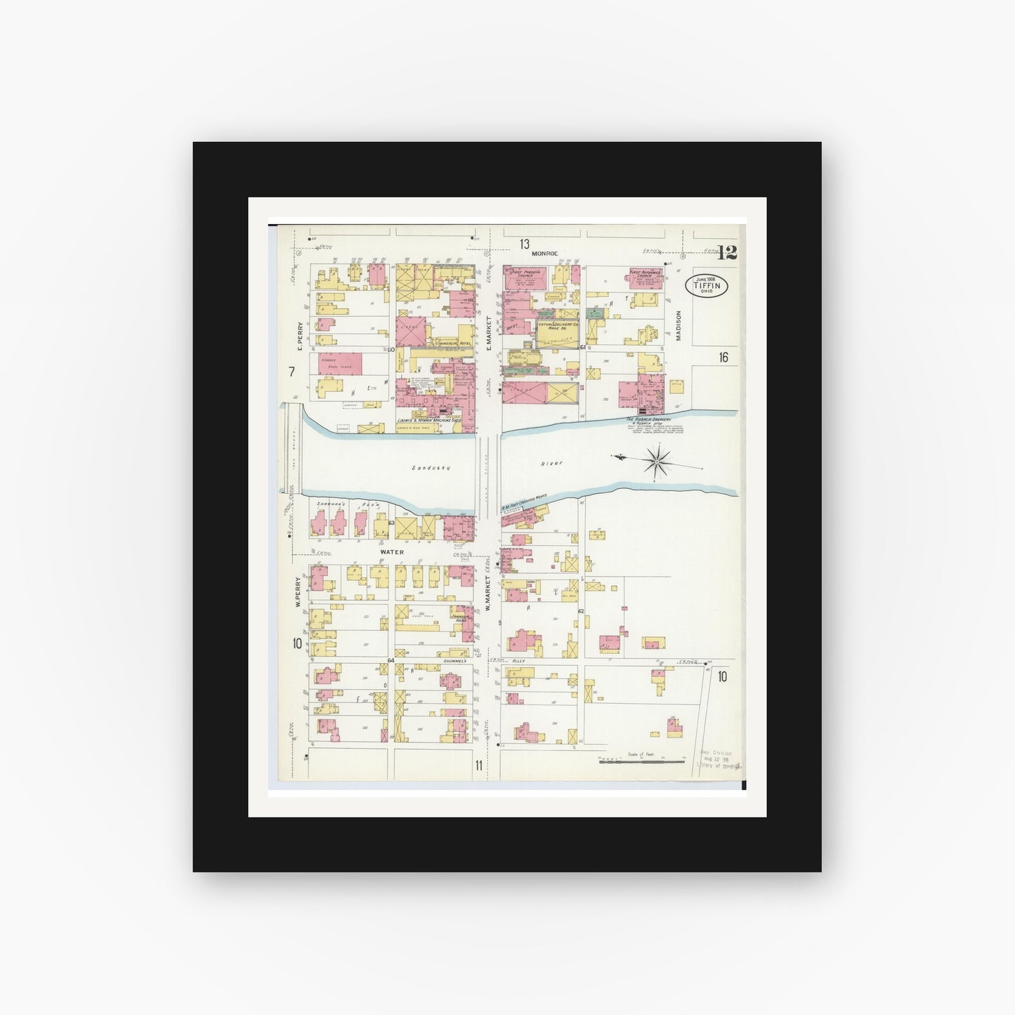 Old map wall art mockup — black gallery frame with white mat — Sanborn Fire Insurance Map from Tiffin, Seneca County, Ohio (1908), Sheet #0012