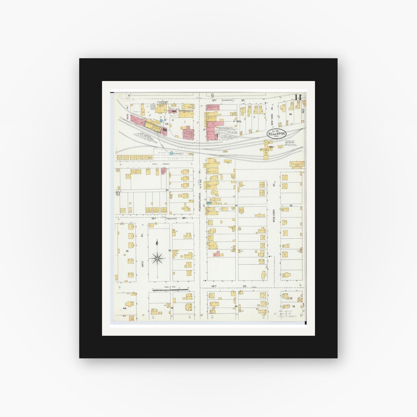 Old map wall art mockup — black gallery frame with white mat — Sanborn Fire Insurance Map from Wellston, Jackson County, Ohio (1904), Sheet #0011