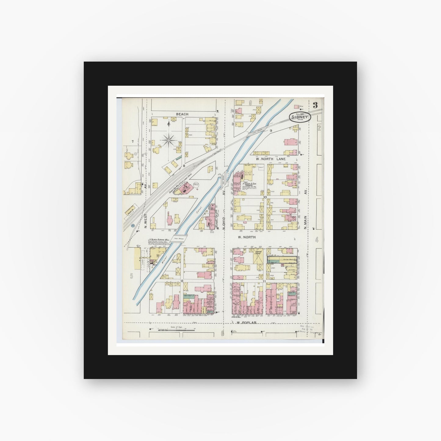 Old map wall art mockup — black gallery frame with white mat — Sanborn Fire Insurance Map from Sidney, Shelby County, Ohio (1892), Sheet #0003