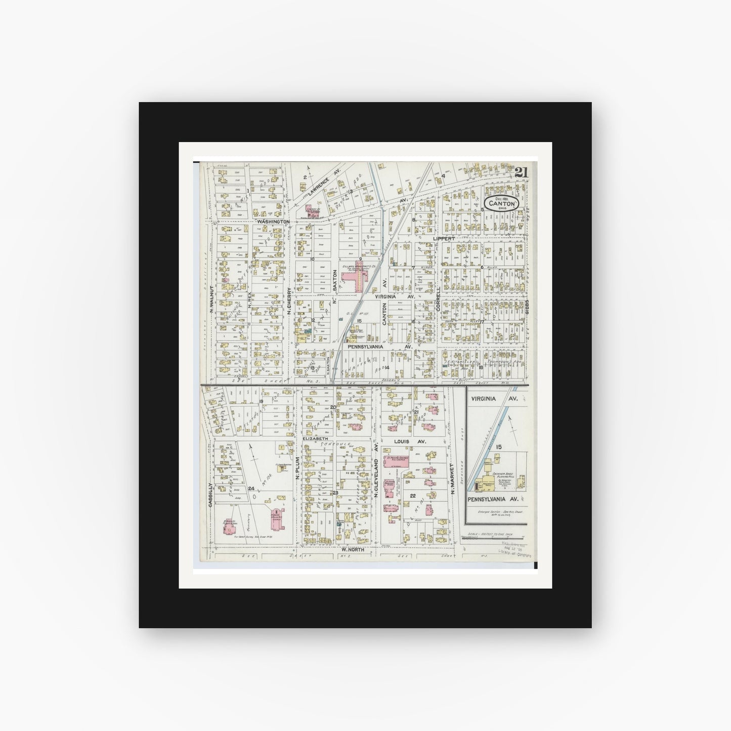 Old map wall art mockup — black gallery frame with white mat — Sanborn Fire Insurance Map from Canton, Stark County, Ohio (1891), Sheet #0021