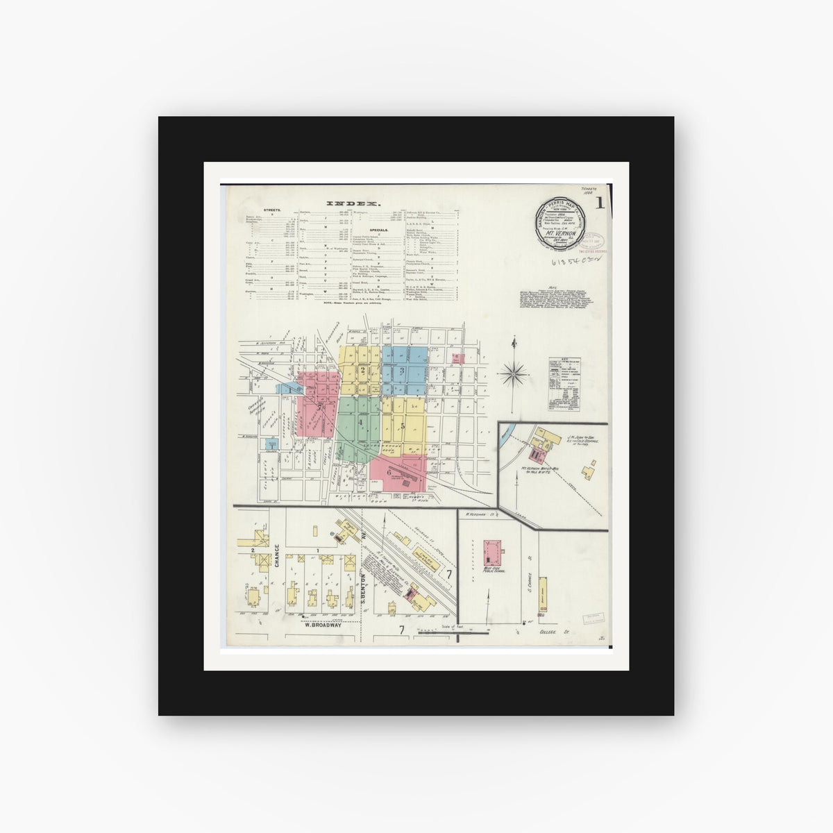 Old map wall art mockup — black gallery frame with white mat — Sanborn Fire Insurance Map from Mount Vernon, Jefferson County, Illinois (1897), Sheet #0001