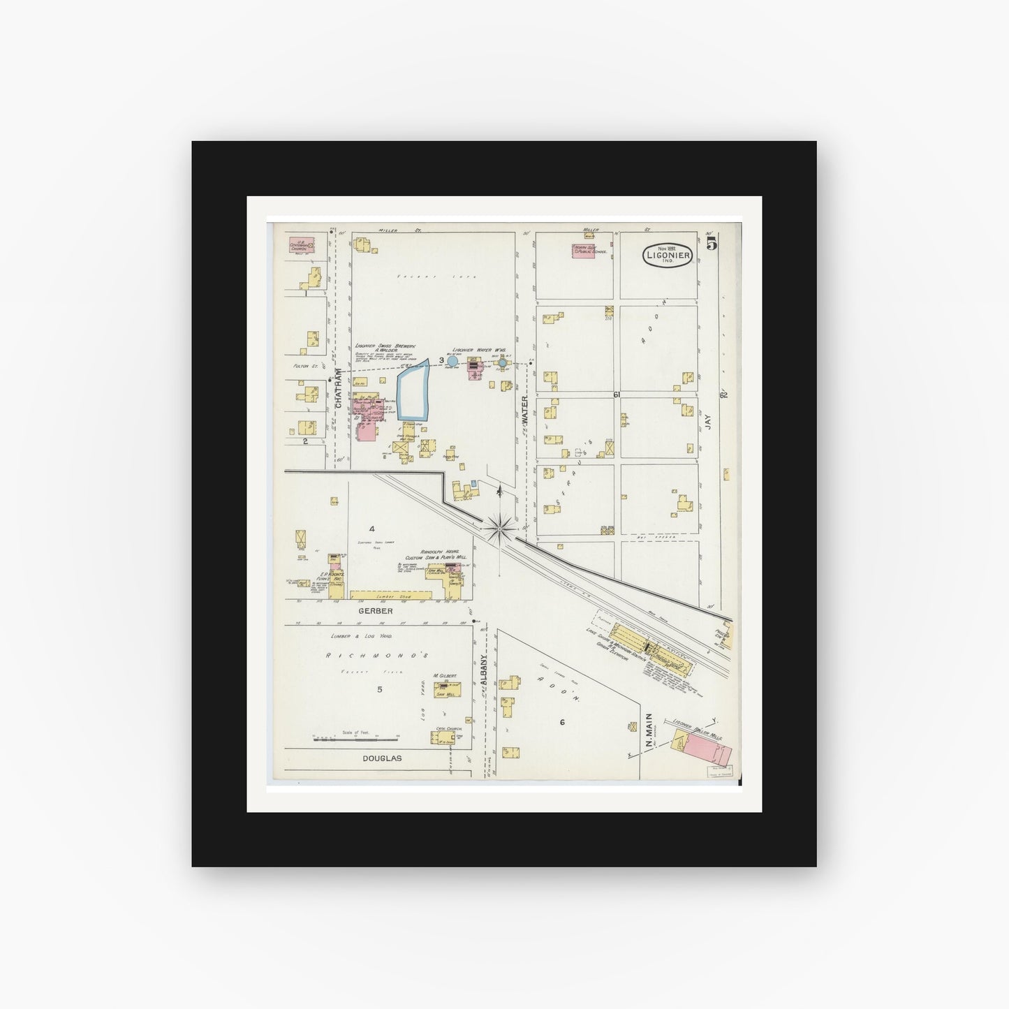 Old map wall art mockup — black gallery frame with white mat — Sanborn Fire Insurance Map from Ligonier, Noble County, Indiana (1892), Sheet #0005