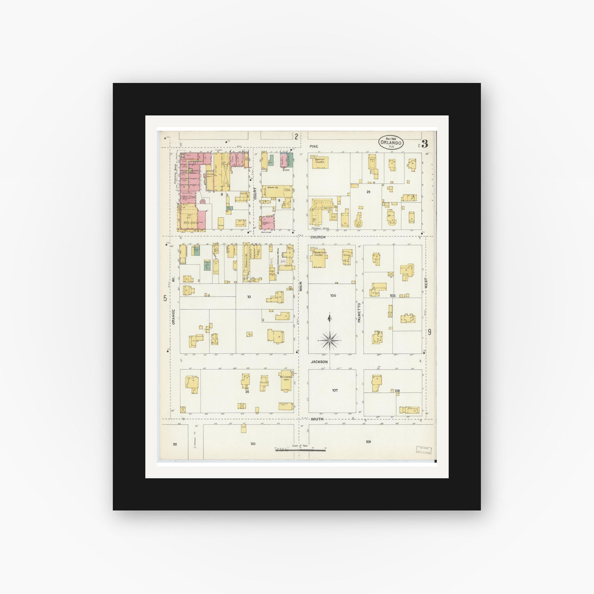 Old map wall art mockup — black gallery frame with white mat — Sanborn Fire Insurance Map from Orlando, Orange County, Florida (1903), Sheet #0003