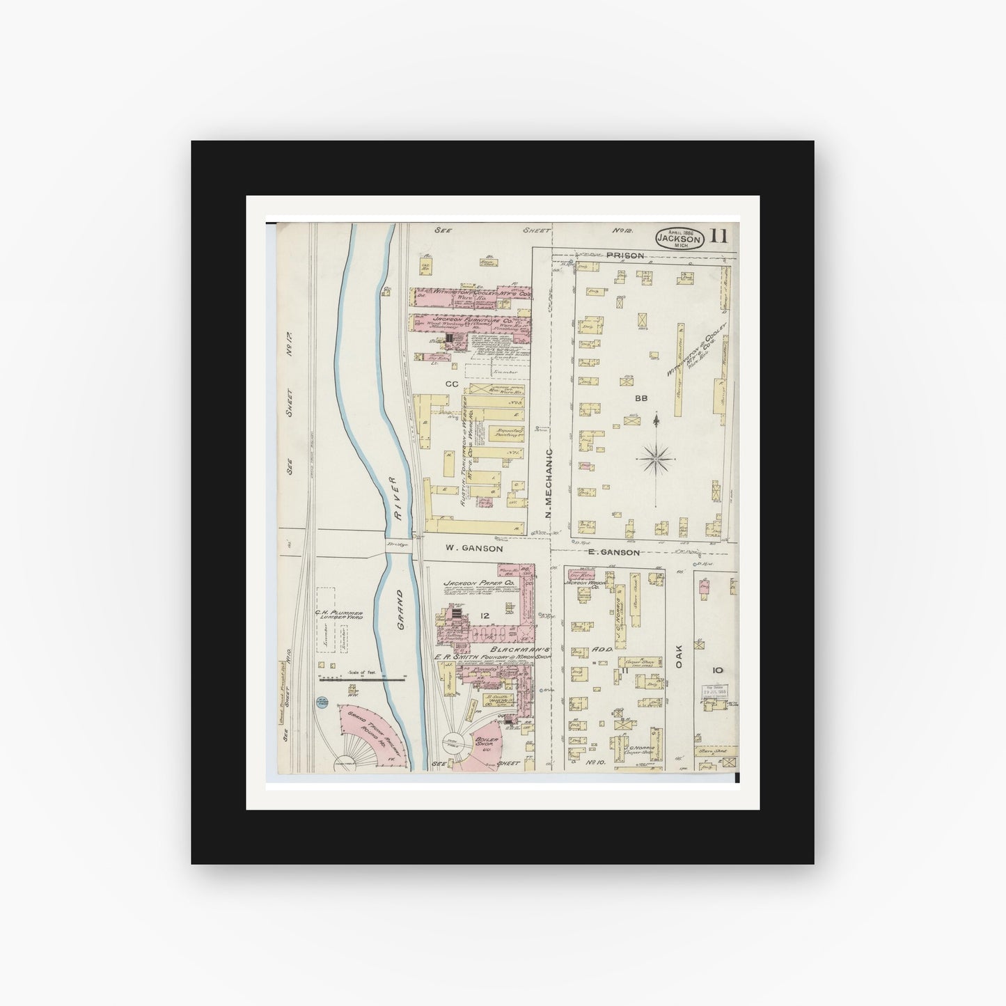 Old map wall art mockup — black gallery frame with white mat — Sanborn Fire Insurance Map from Jackson, Jackson County, Michigan (1886), Sheet #0011