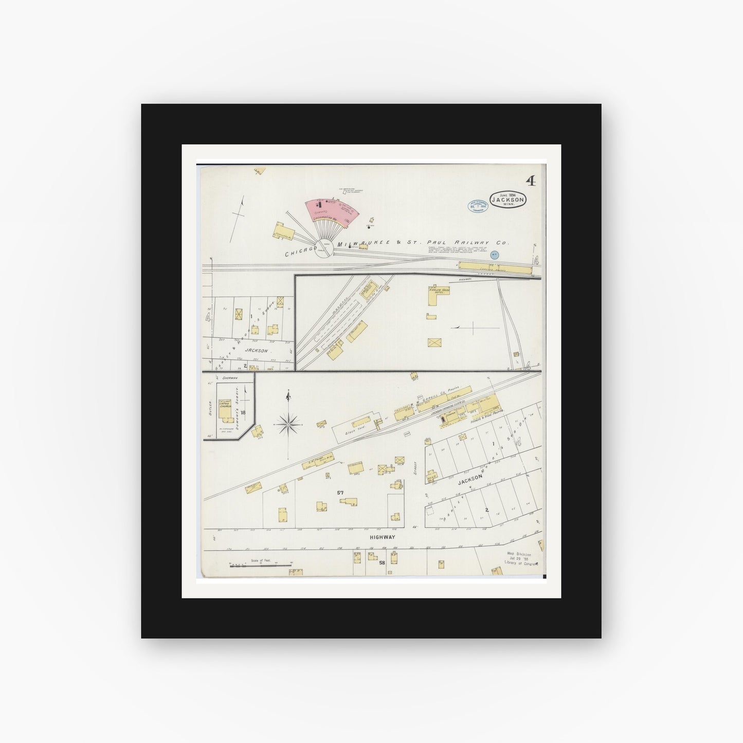 Old map wall art mockup — black gallery frame with white mat — Sanborn Fire Insurance Map from Jackson, Jackson County, Minnesota (1894), Sheet #0004