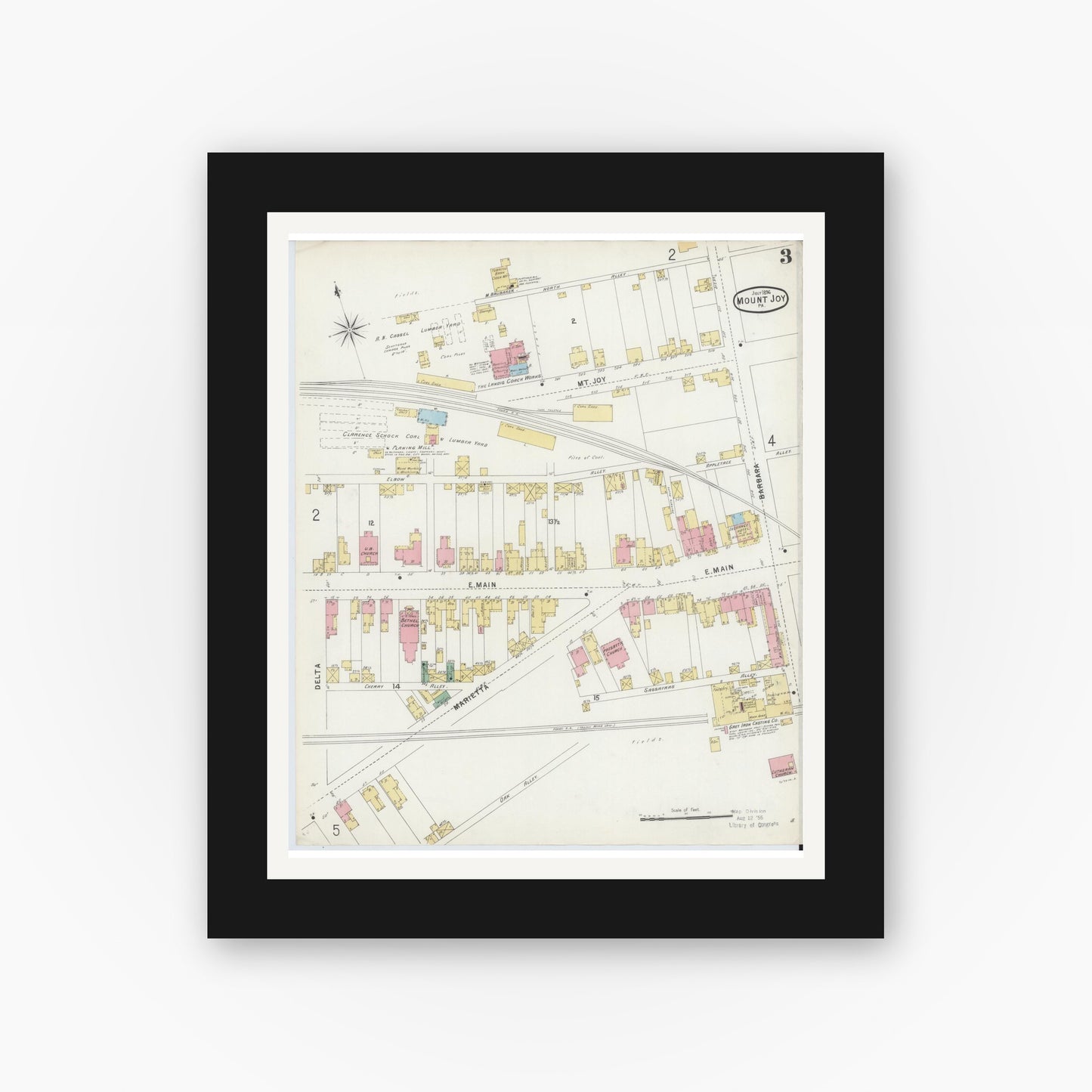 Old map wall art mockup — black gallery frame with white mat — Sanborn Fire Insurance Map from Mount Joy, Lancaster County, Pennsylvania (1896), Sheet #0003
