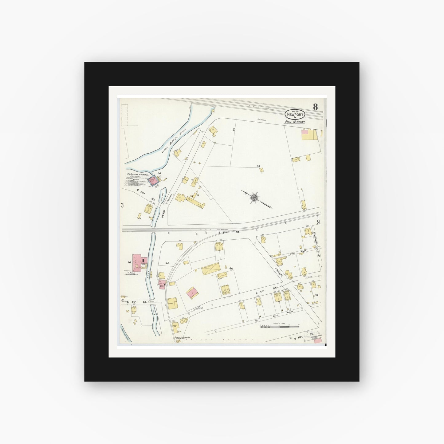 Old map wall art mockup — black gallery frame with white mat — Sanborn Fire Insurance Map from Newport, Perry County, Pennsylvania (1911), Sheet #0008