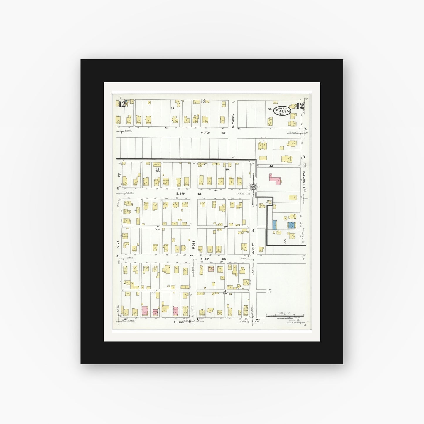Old map wall art mockup — black gallery frame with white mat — Sanborn Fire Insurance Map from Salem, Columbiana County, Ohio (1926), Sheet #0012