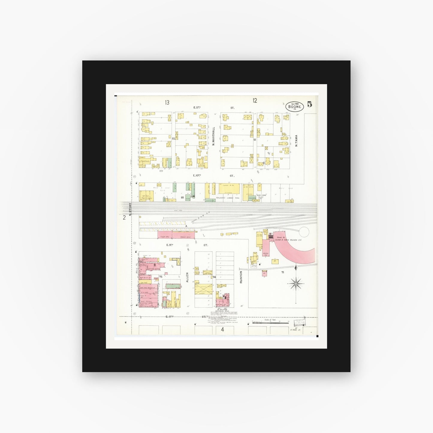 Old map wall art mockup — black gallery frame with white mat — Sanborn Fire Insurance Map from Boone, Boone County, Iowa (1900), Sheet #0005