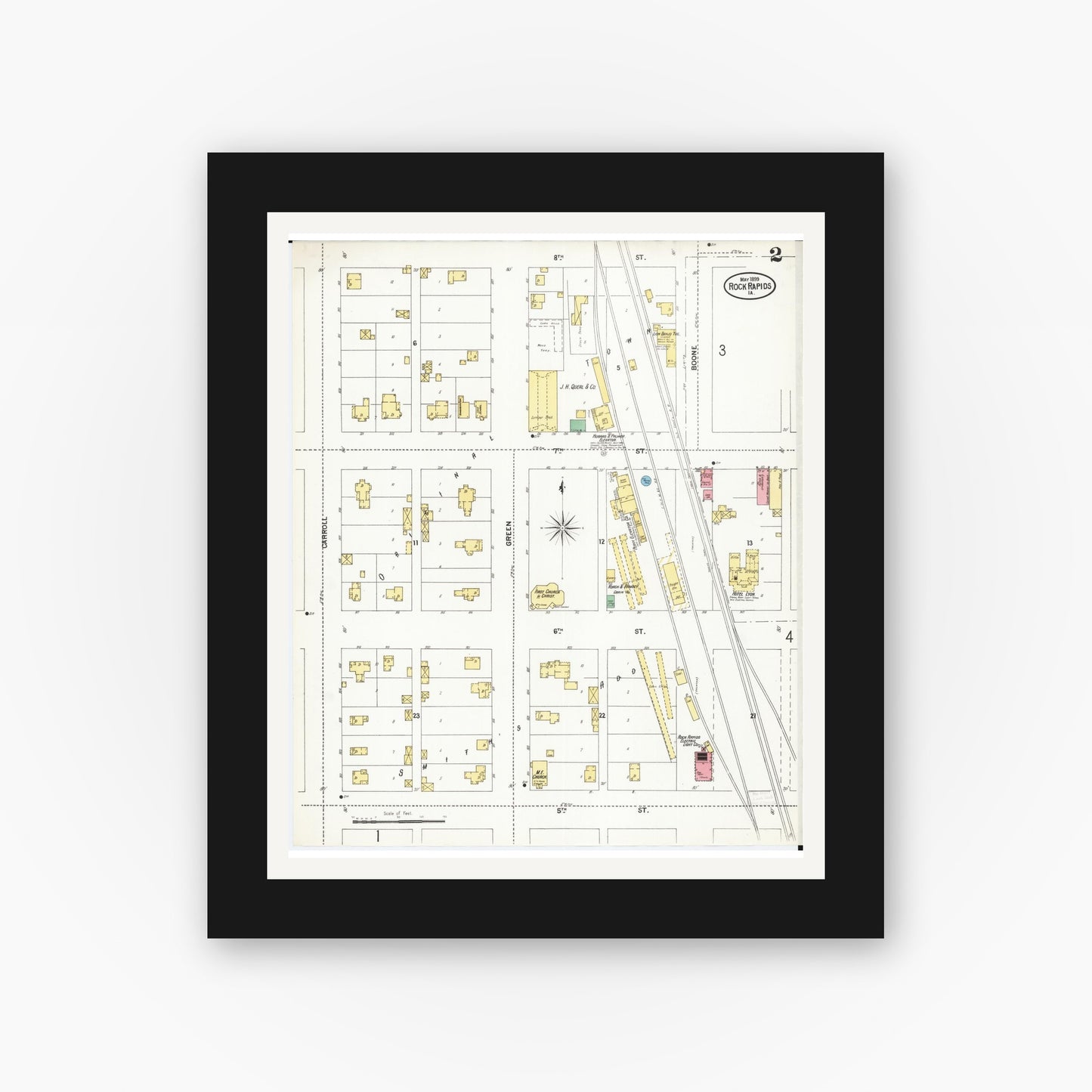 Old map wall art mockup β black gallery frame with white mat β Sanborn Fire Insurance Map from Rock Rapids, Lyon County, Iowa (1899), Sheet #0002