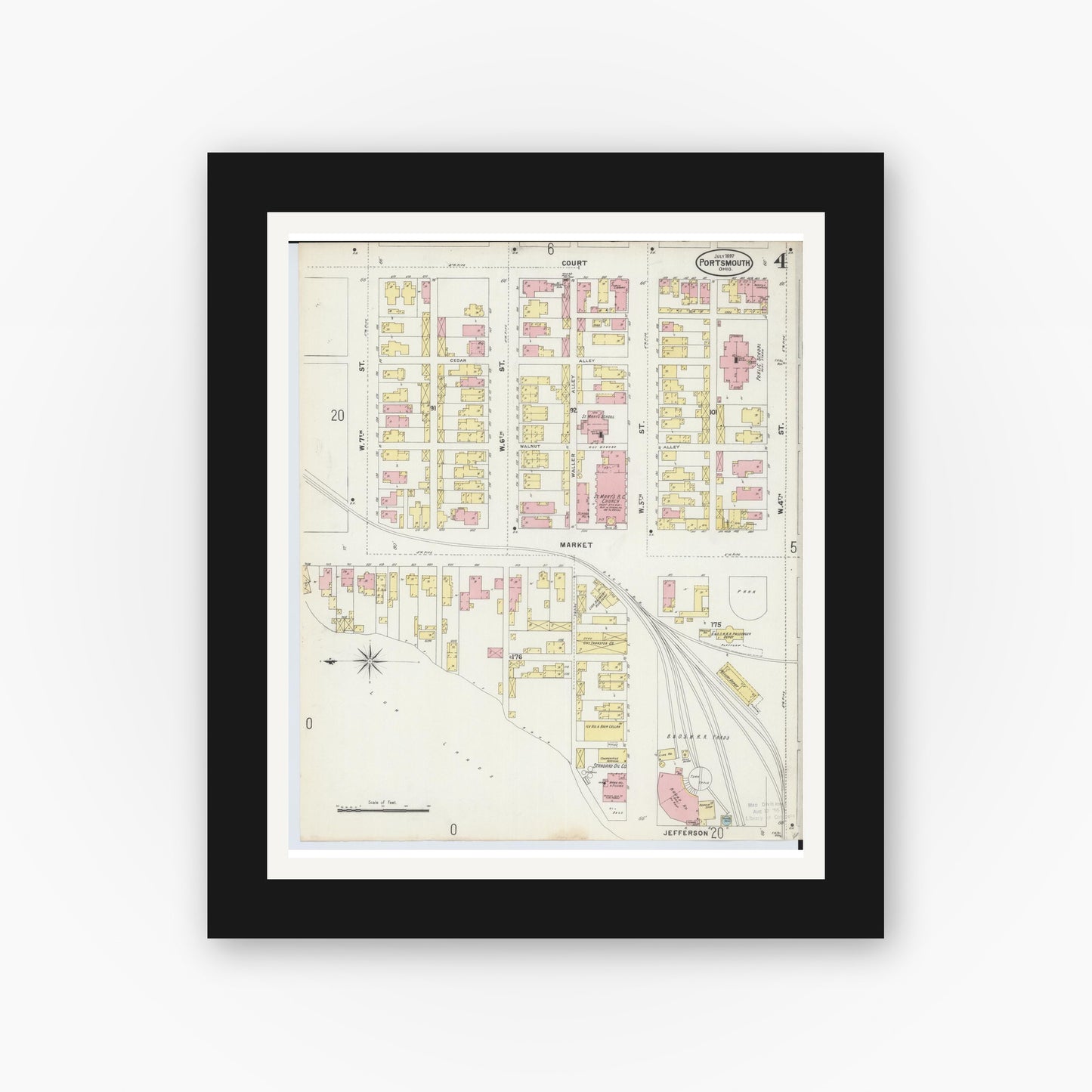 Old map wall art mockup — black gallery frame with white mat — Sanborn Fire Insurance Map from Portsmouth, Scioto County, Ohio (1897), Sheet #0004