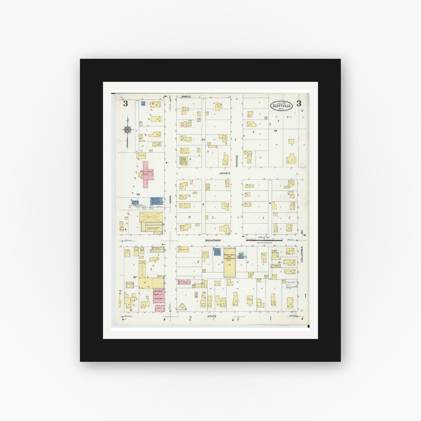 Old map wall art mockup — black gallery frame with white mat — Sanborn Fire Insurance Map from Scottville, Mason County, Michigan (1924), Sheet #0003
