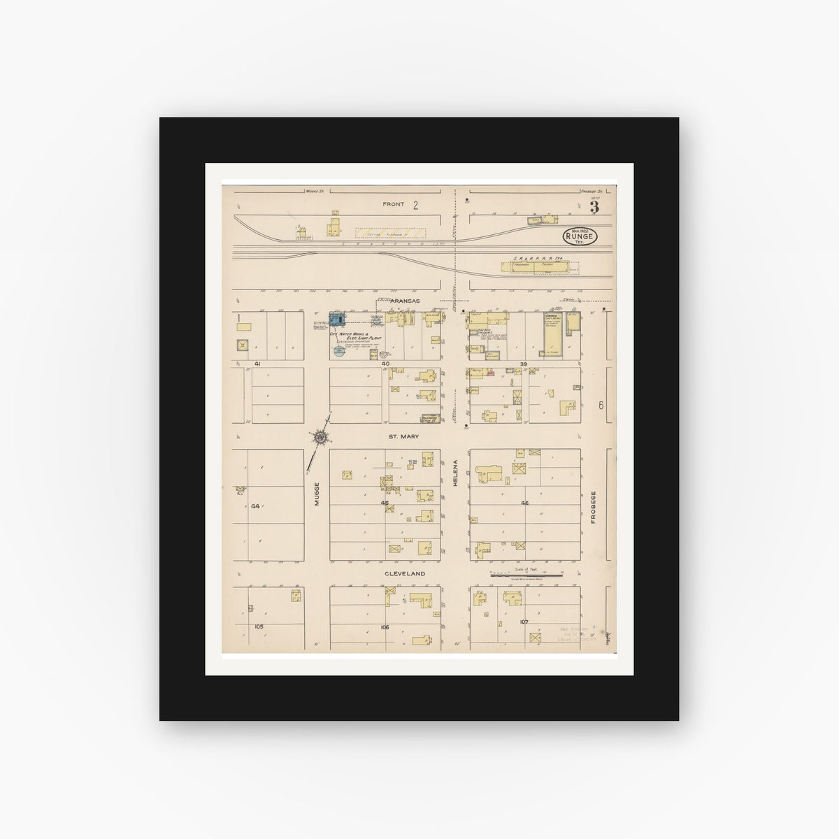 Old map wall art mockup — black gallery frame with white mat — Sanborn Fire Insurance Map from Runge, Karnes County, Texas (1922), Sheet #0003