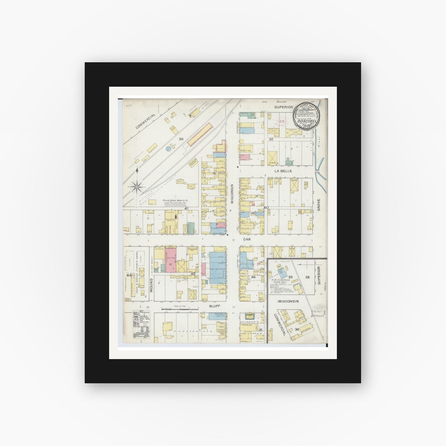 Old map wall art mockup — black gallery frame with white mat — Sanborn Fire Insurance Map from Boscobel, Grant County, Wisconsin (1892), Sheet #0001