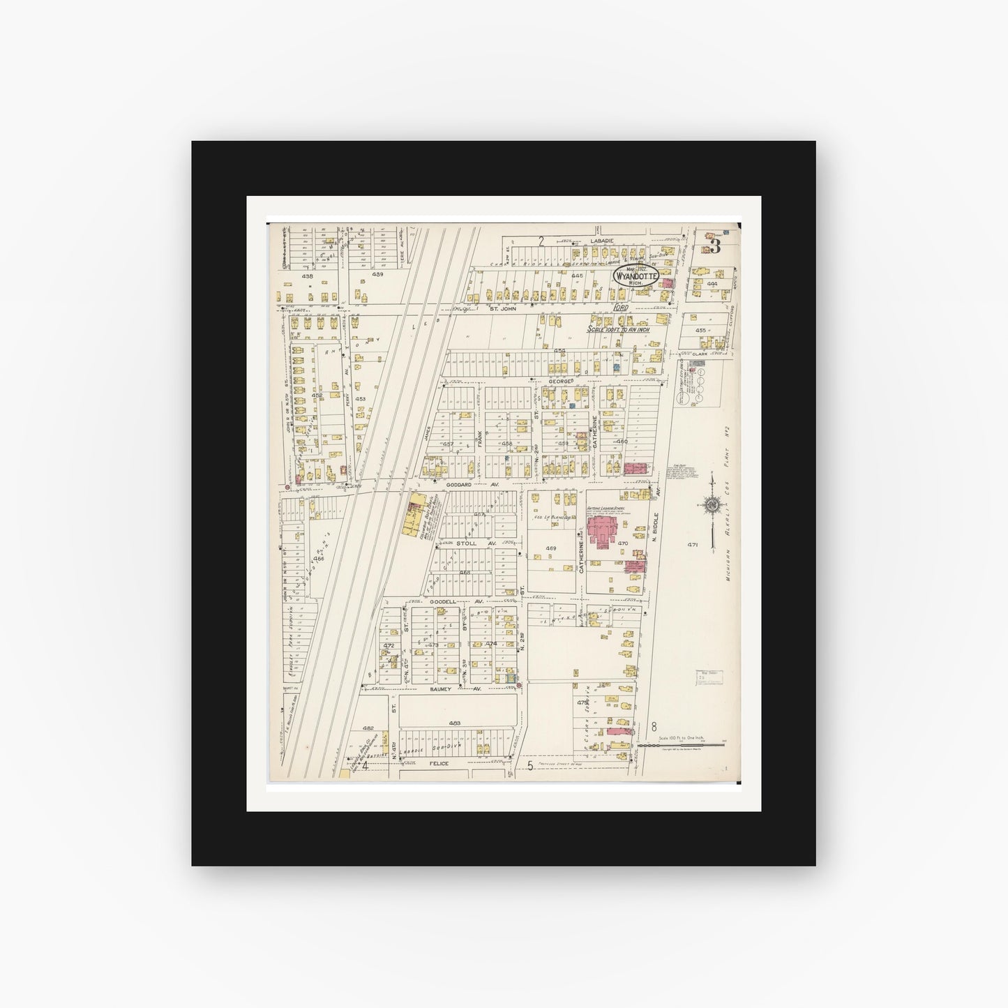 Old map wall art mockup — black gallery frame with white mat — Sanborn Fire Insurance Map from Wyandotte, Wayne County, Michigan (1922), Sheet #0003