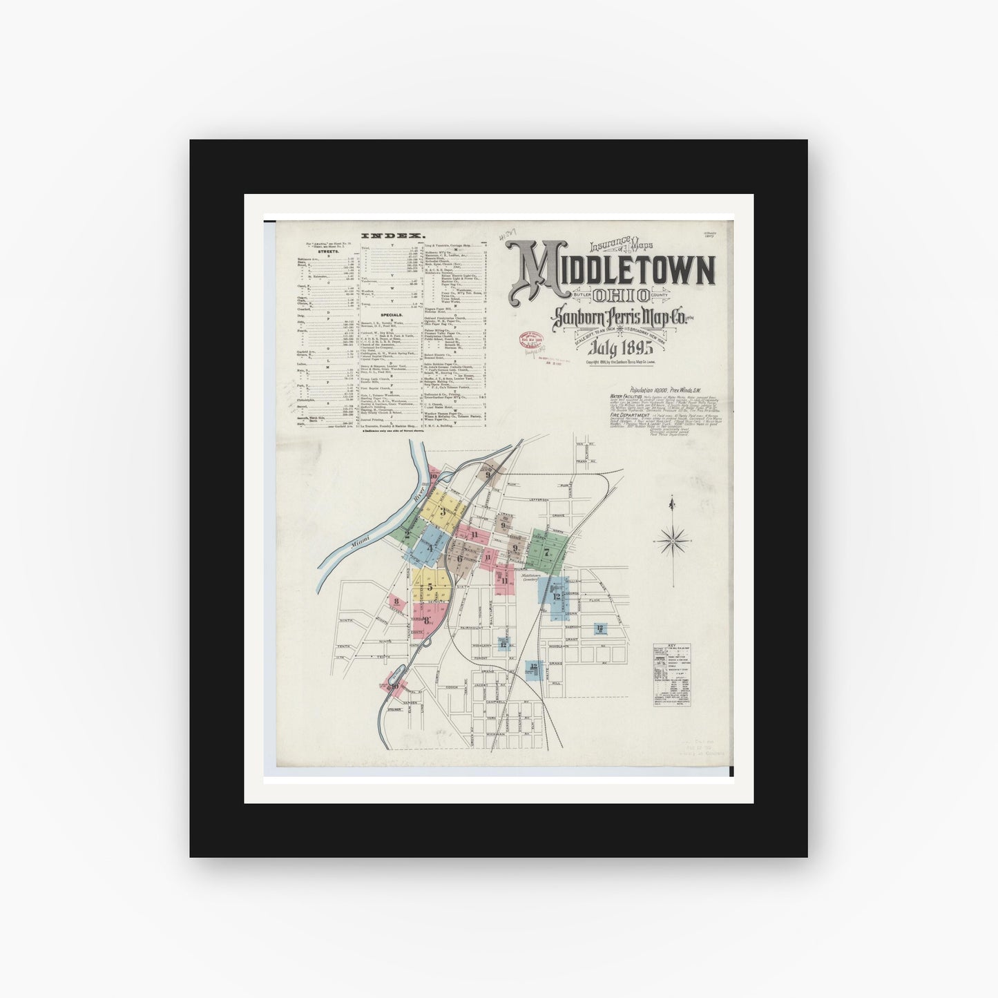 Old map wall art mockup — black gallery frame with white mat — Sanborn Fire Insurance Map from Middletown, Butler County, Ohio (1895) - Complete Map Set