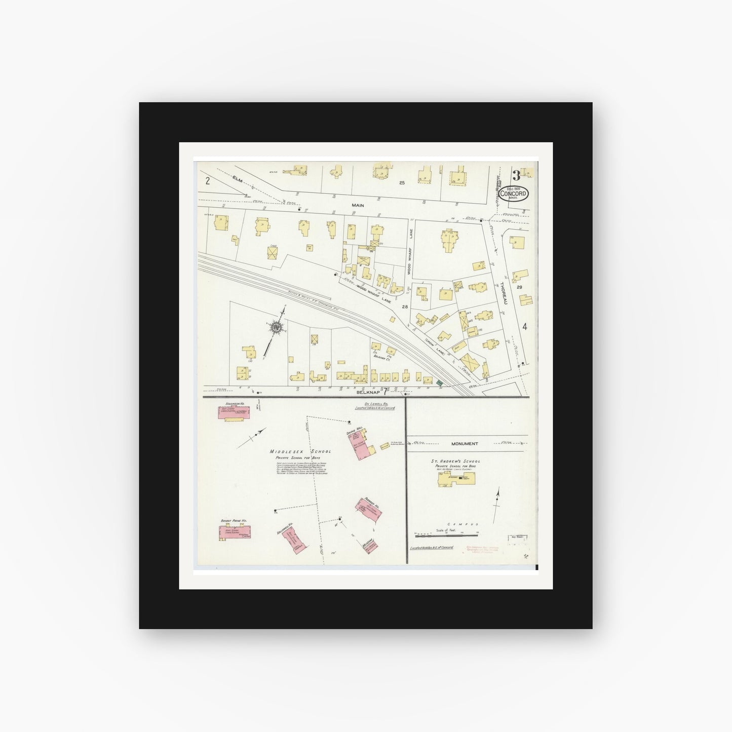 Old map wall art mockup — black gallery frame with white mat — Sanborn Fire Insurance Map from Concord, Middlesex County, Massachusetts (1909), Sheet #0003