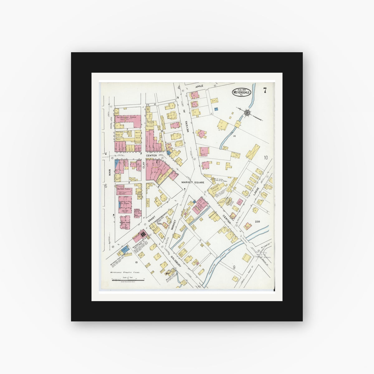 Old map wall art mockup — black gallery frame with white mat — Sanborn Fire Insurance Map from Meyersdale, Somerset County, Pennsylvania (1919), Sheet #0007