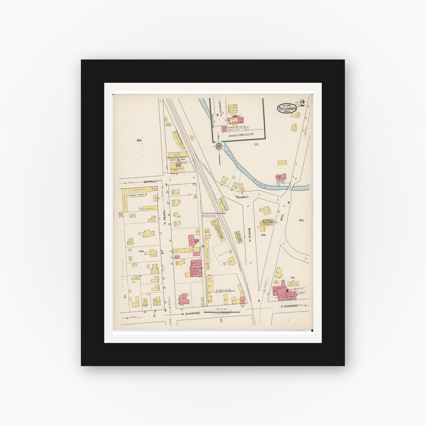 Old map wall art mockup — black gallery frame with white mat — Sanborn Fire Insurance Map from Tecumseh, Lenawee County, Michigan (1922), Sheet #0002