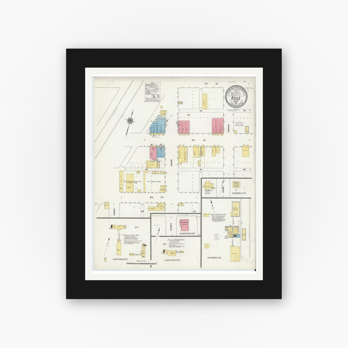 Old map wall art mockup — black gallery frame with white mat — Sanborn Fire Insurance Map from Rule, Haskell County, Texas (1911), Sheet #0001